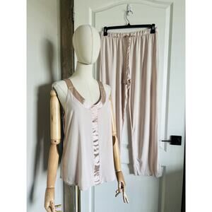 Fleur't Womens Pale Pink Satin Trim Sleep Pajama Pant Set Size Large EUC